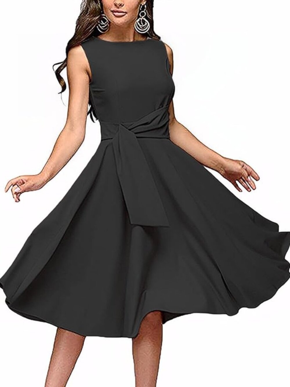 FENJAR Women's Elegance Ruched Dress Round Neck Sleeveless Midi A Line Dress